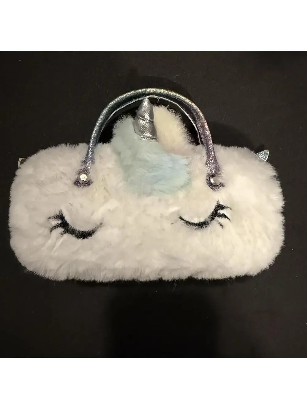 White Unicorn Plush Sun Glasses Case with Silver Handles and Glitter Wings